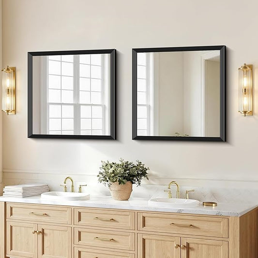 Black Bathroom Mirror 30 x 30 Inch Rectangle Wave Beveled Frame for Wall Bathroom Vanity Mirror for Over Sink, Tempered Glass,for Entryway Hangs, Bathroom Living Room Horizontal or Vertical