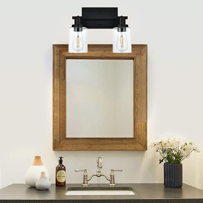 MELUCEE 2 Light Wall Scone Spotlight Semi Flush Mount Ceiling Light, 13.8 Inch Black Bathroom Lights Rotatable Track Lighting Kit for Hallway Porch Foyer Bath Storage, Clear Glass Shade