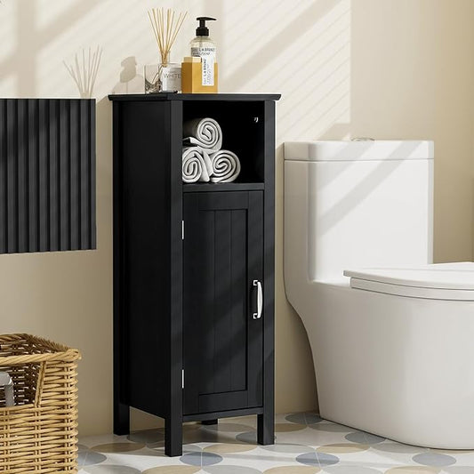 Tangkula Bathroom Floor Storage Cabinet With Anti-Tipping Device, 3-Height Adjustable Shelf, Wood Freestanding Side Cabinet for Home Office, 12 x 12 x 31.5 Inches (Black)