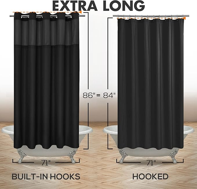 Extra Long No Hook Slub Textured Shower Curtain with Snap-in PEVA Liner Set - 71" x 86"(84"), Hotel Style with See Through Top Window, Black Fabric Curtain & Waterproof Liner, Black, 71x86 | 71W x 86H, Snap on/off Waterproof PEVA Liner, See Through Top...
