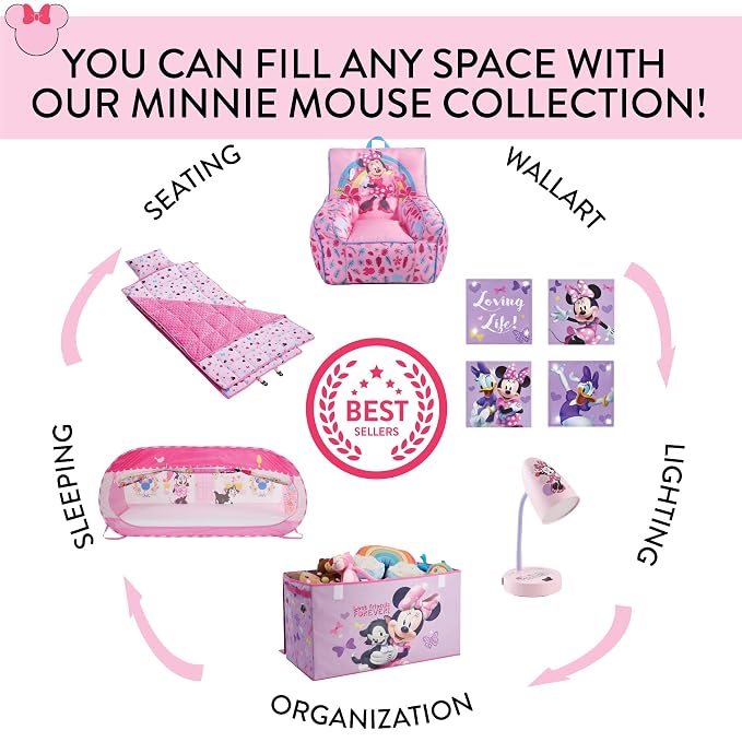 Disney Minnie Mouse Pop-Up Hamper,“Oh So Happy” Design, 21”H x 13.5”W x 13.5”L, Durable & Collapsible Laundry Basket with Carry Handles for Kids Room