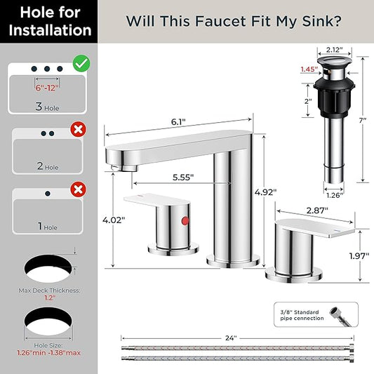 FORIOUS Bathroom Faucets 3 Hole Chrome, 8 Inch Widespread Bathroom Sink Faucet with Pop-up Drain and cUPC Supply Lines for Basin, Vanity, Laundry Room and Restroom