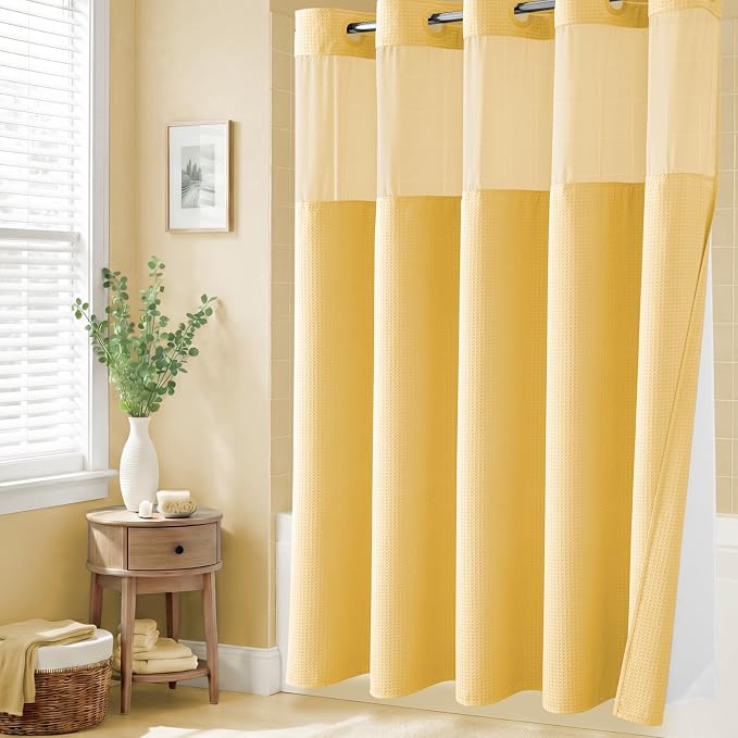 Gold Hook Free Waffle Shower Curtain & Snap-in Fabric Liner,72x81 | Less Time to install, 3 in 1 Fabric Shower Curtain and Liner Set with Magnets, Long, Shower Curtains for Bathroom