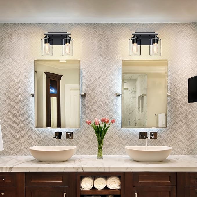 Bathroom Vanity Light Over Mirror,Bathroom Light Fixture Wall Sconce Lighting for Bedroom,Living Room (Black, 2-Light)