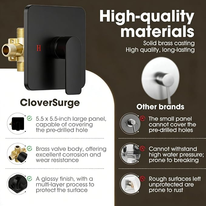 Shower Faucet Set Bathtub Faucet Set with Valve Included Shower Valve Kit with All-Metal High Flow Tub Spout,6 Inch High Pressure Head,Solid Brass Valve Body and Metal Handle Trim,Black