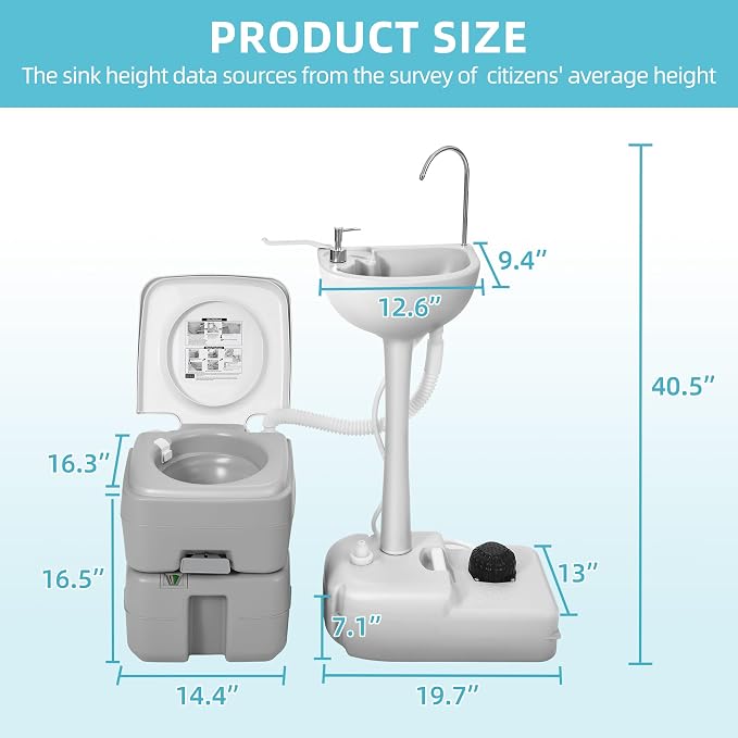 YITAMOTOR 17L Portable Sink for Washing Hands and 5.28 Gallon Portable Toilet, RV Camping Toilet With Level Indicator & Rotatable Spout for Adults, Travel, Boat, Gather, Wedding, Worksite | RV Camping Toilet With Level Indicator & Rotatable Spout for A...