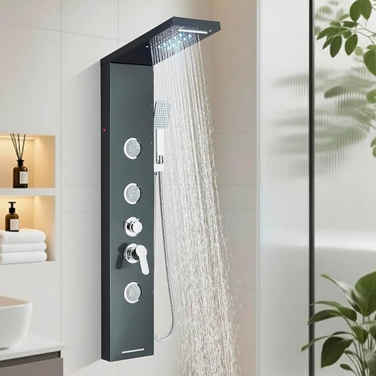 Fuz LED Shower Panel Tower System with Rainfall Waterfall Shower, Black Shower Tower with Jets and Rainfall and Handheld, 5 in 1 Stainless Steel Shower Column High Pressure with Tub Spout