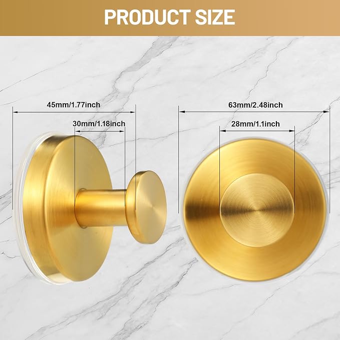 Suction Cup Hooks for Shower No-Drill Bathroom Hooks for Towels, Robes, Loofah Mountable on Bathroom Walls, Kitchen, Glass, Mirrors, Tile and Smooth,Non-Porous Surfaces (4, Brushed Gold)