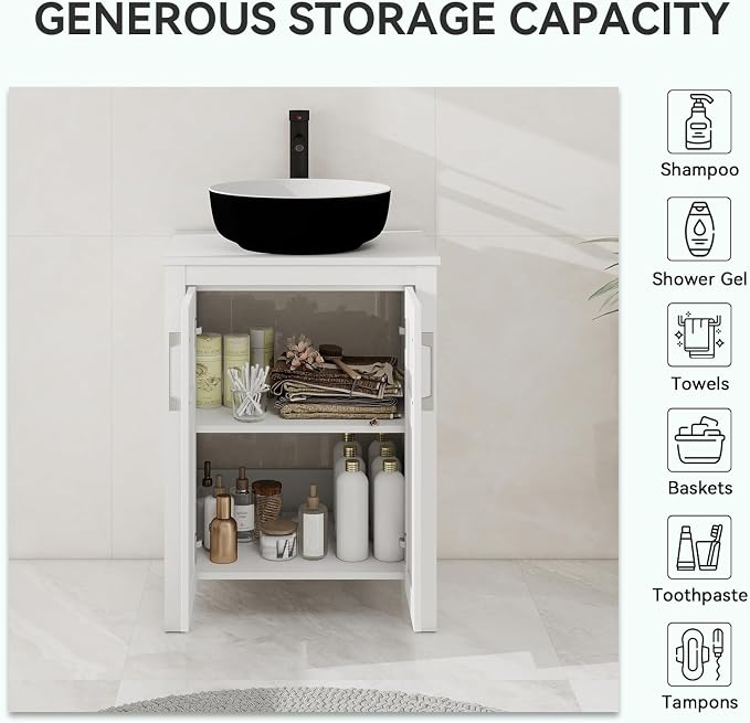 YOURLITE Bathroom Vanity with Sink, 24" White Bathroom Vanity Sink Combo with Black White Ceramic Basin Faucet & Pop Up Drain Set