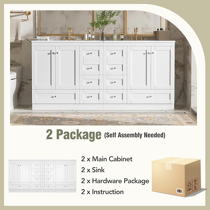 Harper & Bright Designs 72" Bathroom Vanity Set with Double Sink, Vanity Cabinet with 4 Cabinet Doors and 8 Drawers, Modern Design Solid Wood Bathroom Cabinet with Ceramic Basin for Bathroom, White