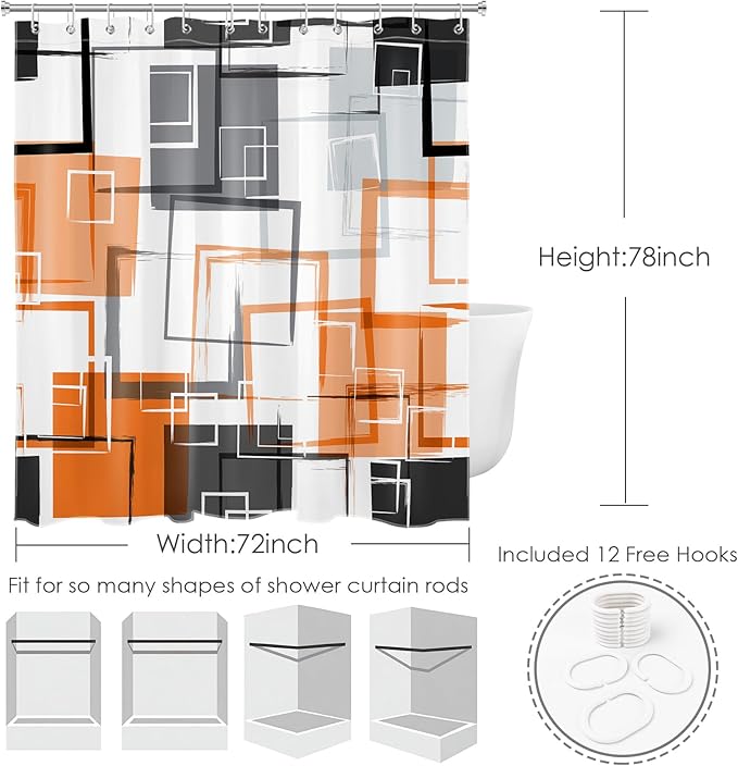 Orange Geometric Modern Shower Curtain for Bathroom Decor,Grey Black and White Abstract Striped Shower Curtain with Hooks Mid Century Minimalist Bathroom Shower Curtain Set,78L X 72W inches