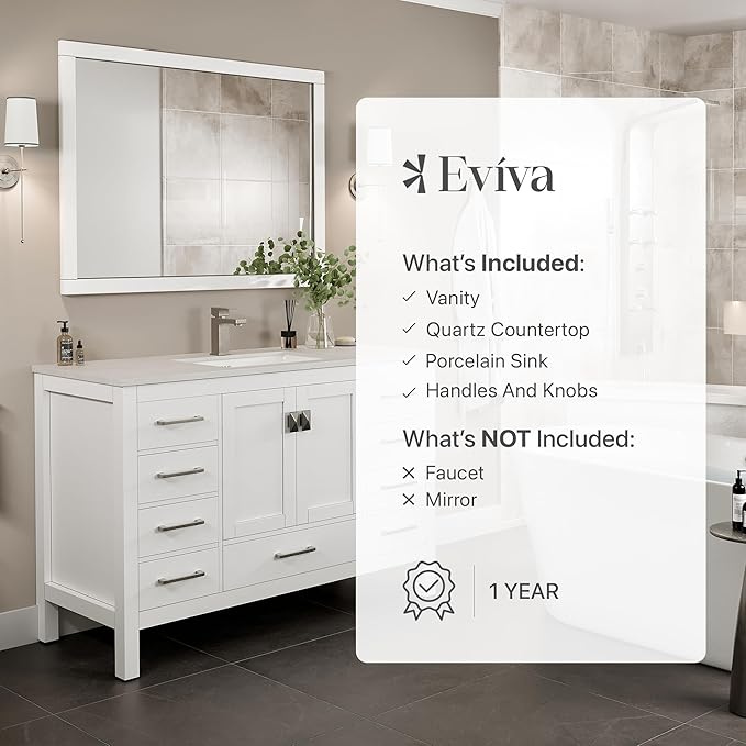 Eviva London 54 Inch Bathroom Vanity with Countertop, White Vanity Bathroom Sink Cabinet W/Quartz Countertop Porcelain Single Sink Design for Modern Bathrooms