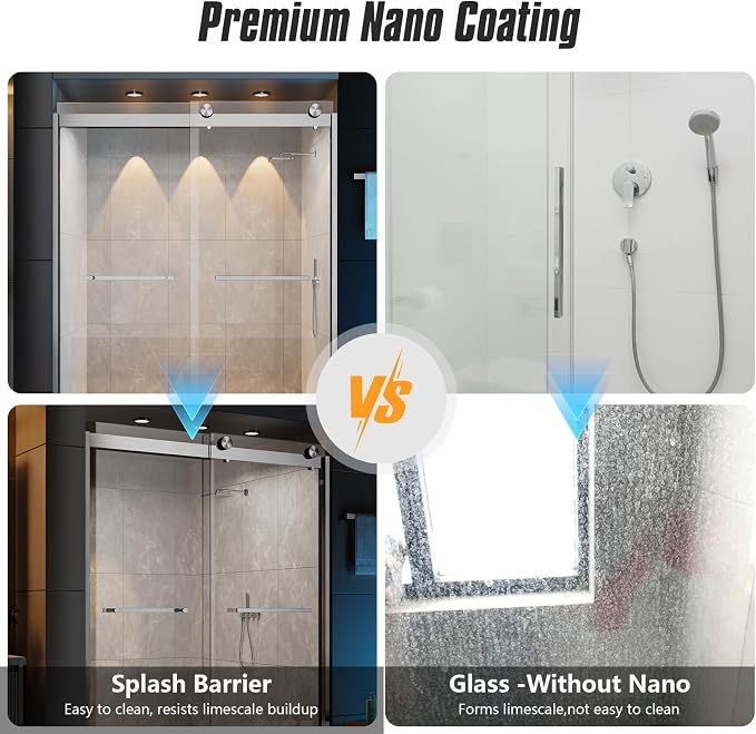 Shower Door Double Sliding Semi-Frameless Shower Door 56-60" W × 78" H Sliding Shower Door, 3/8" (10mm) Thick Tempered Clear Glass with Explosion-Proof Film, Bathroom Glass Door, Brushed Nickel