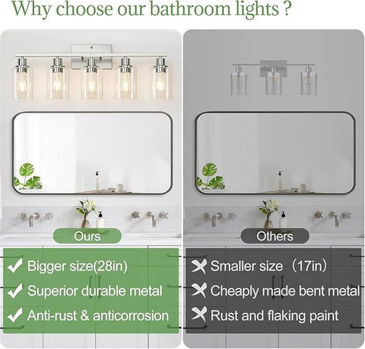 5-Light Bathroom Light Fixtures, Vanity Light with Clear Glass Shades, Brushed Nickel Bathroom Light Fixtures Over Mirror, Modern Bathroom Wall Lamp for Mirror Living Room Cabinet Bedroom