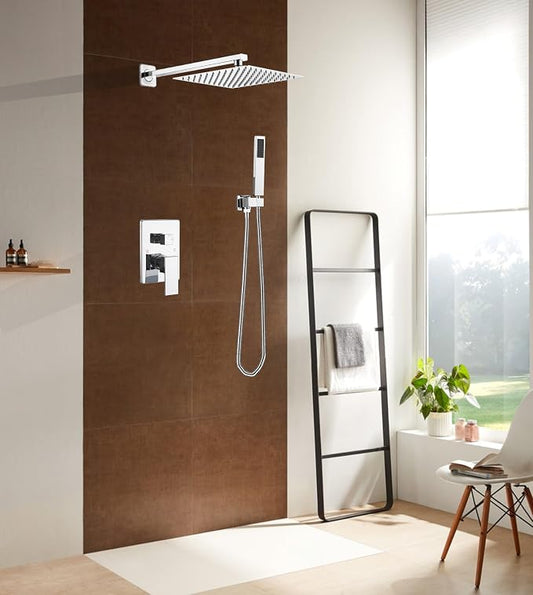 Polished Chrome Shower System 10 Inch Bathroom Luxury Rain Mixer Shower Combo Set Wall Mounted Rainfall Shower Head and Handheld System Shower Faucet Rough-in Valve Body and Trim Kit