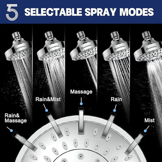 High Pressure Shower Head, HOPOPRO 5-Mode Fixed Showerhead, NBC Recommended | The Washington Post, NBC News, Today TV Show Recommended, Consumer Reports Tested High Flow Fixed Shower Head (4 Inch Silver)