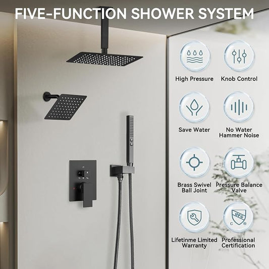 Shower Systems Shower Faucet Sets,Bostingner Five Function Diverter Dual Head Shower Set,12'' Ceiling Mount and 6’‘ Wall Mount Rainfall Shower System with 2 in 1 Handheld Spray Matte Black