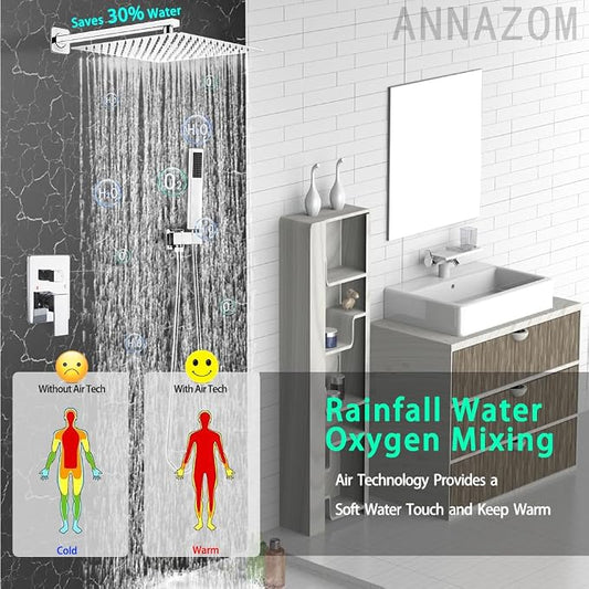 Shower Faucet Set Polished Chrome Surface Large 12 Inch Shower Head Handheld Shower Combo Set High Pressure Recessed Wall Mount, Chrome