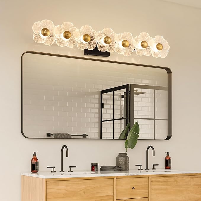 MantoLite Bathroom Light Fixtures Modern Vanity Light Over Mirror Adjustable 3000K-6000K Picture Lights Art Light with Floral Clear Glass Shades for Living Room Bedroom Wall Sconces (7 Light Black)