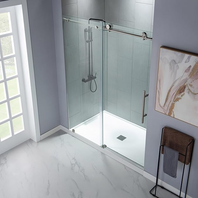 WOODBRIDGE 44-48"Wx76"H Frameless Shower Door,3/8(10mm)Clear Tempered Glass with Explosion-Proof Film, Brushed Nickel Finish with Smooth Closing Design