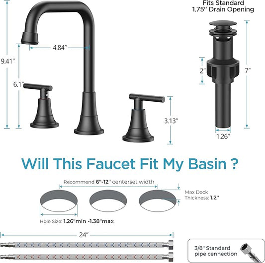 FORIOUS Black Bathroom Faucet for Sink 3 Hole,Widespread Matte Black Bathroom Sink Faucets,2 Handles RV Bathroom Faucets Vanity with Pop Up Drain and Supply Hoses