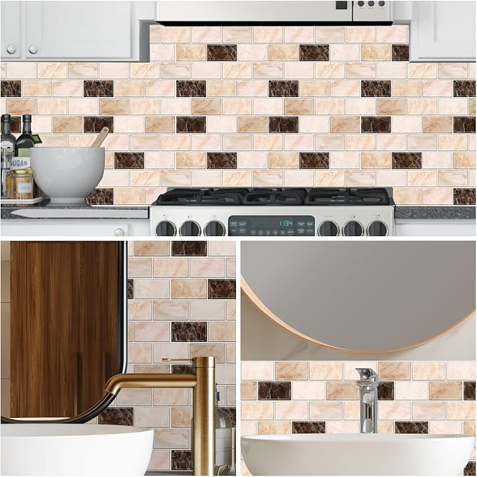 URCOLOR 10-Sheet Peel and Stick Backsplash Subway Tile for Kitchen,12"x12" Self Adhesive Wall Tiles Sticker on Back Splashes for Bathroom Yellow Brown Marble Design