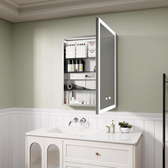 LED Medicine Cabinet 24x30 Anti-Fog Mirror Dimmable Recessed Mount | 3 Color Dimmable LED. Time Temp Display. Anti-Fog IP44. 2 Outlets+2 USB. Plug-in/Hardwired. Recessed/Wall Mount. Right Hinge.