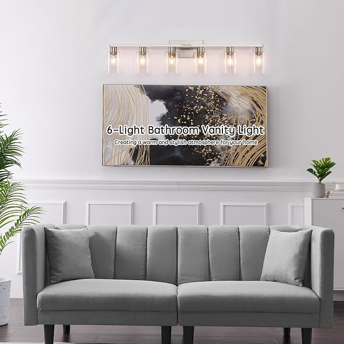 6-Light Bathroom Light Fixtures, Vanity with Clear Glass, Brushed Nickel Lighting Fixtures Over Mirror, 42inch Large Lights for Bathroom