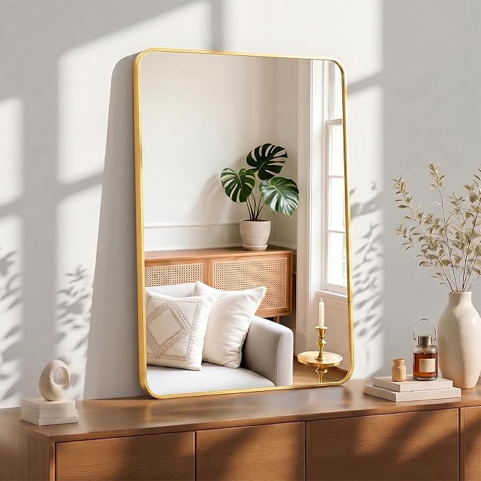 OLIXIS 38x26 Inch Bathroom Wall Mount Mirror with Rounded Rectangle, Gold | Modern Wall Vanity Mirrors for Over Sink with Matte Brush Metal Framed, for Home Decor, Living Room, Bedroom