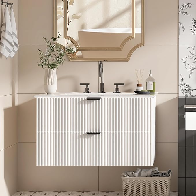 30" Bathroom Vanity with Sink Combo, Floating Vanity Bathroom Cabinet with Ceramic Basin, Soft-Close Function,Modern Wall Mount Sink Vanity for Guest or Master Bath