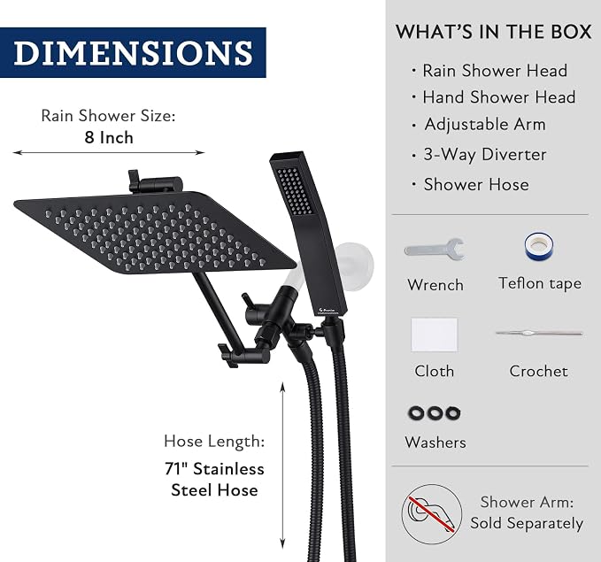G-Promise All Metal 8" Rain Shower Head with Handheld for Bathroom Upgrade | All Metal, Built to Last, Easy Install, Adjustable Height & Angle for All Heights, Extra Long Hose, Modern Upgrade