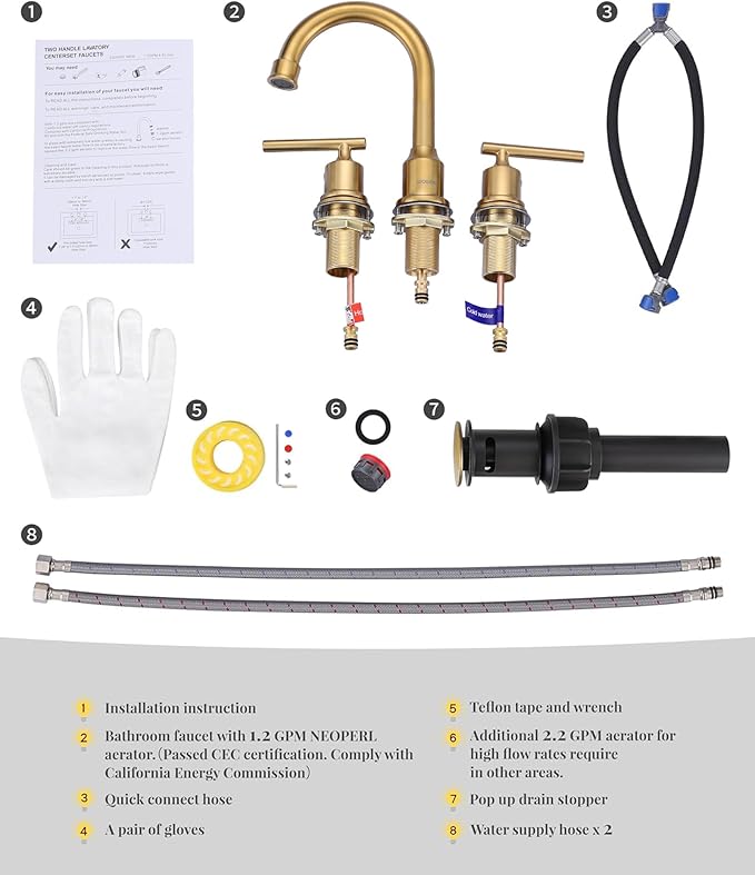 WOWOW Gold Bathroom Faucet 3 Hole Bathroom Sink Faucet Widespread Vanity Faucet 2 Handle Brass Basin Faucet with Pop Up Drain 8 Inch Mixer Tap Antique