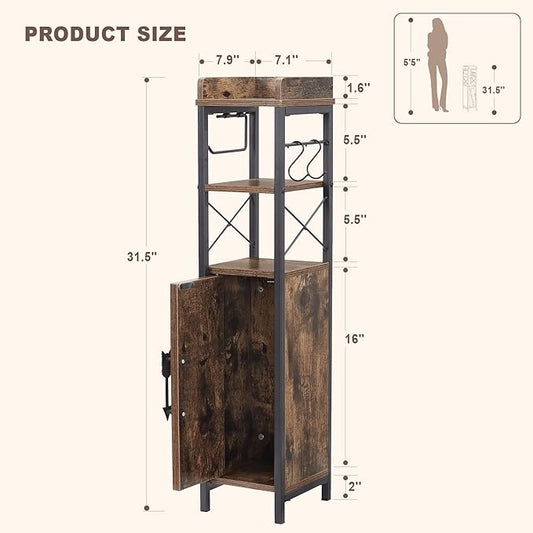 VECELO Small Bathroom Storage Cabinet, Slim Toilet Paper Holder with Shelves & Metal Racks, Organizer Cabinet for Narrow Spaces, Rustic Brown, Farmhouse Style