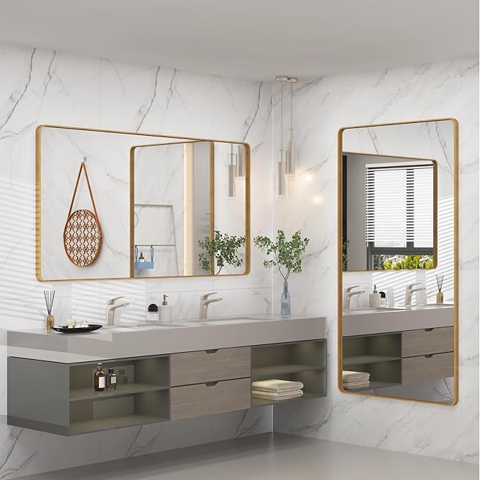 66x36 Inch Gold Bathroom Vanity Mirror | Brushed Metal Frame Gold Mirror, Rounded Rectangle Mirror for Wall, Shatterproof, Anti-Rust, Hangs Horizontally or Vertically