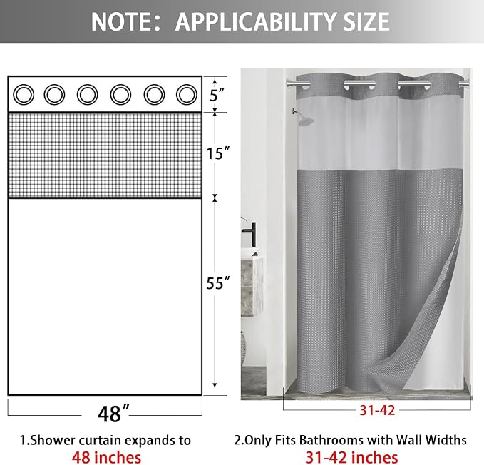 No Hook Shower Curtain and Liner Set,Grey Hotel Waffle Shower Curtain with Liner 75" L x 48" W
