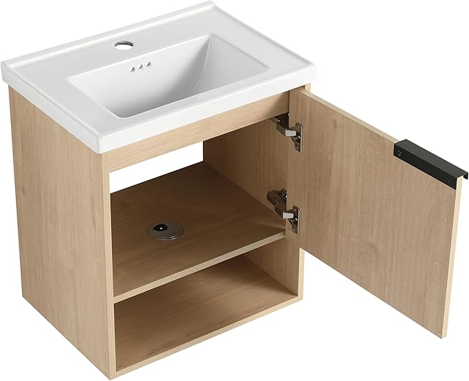 Malwee 20" Floating Bathroom Vanity with Sink, 20 Inch Single Sink Wall Mounted Bathroom Vanity, with 1 Door and White Ceramic Basin Top for Small Space, Plywood(066-20MA)