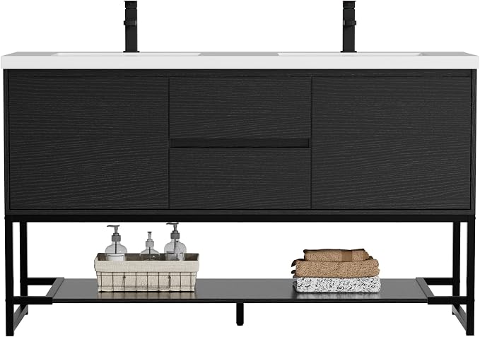 LUCKWIND 60" Modern Bathroom Vanity with Dual White Sink Combo, Freestanding Storage Cabinet with Metal Frame, Matte Black Faucet and Open Shelf and 2 Soft-Closing Door, Black