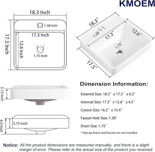 Vessel Sink 18"x18" Semi Recessed Bathroom Sink Drop-in White Bathroom Sink Porcelain Ceramic Modern Rectangular Sinks Drop-in Vanity Sinks with Overflow for Bathrooms