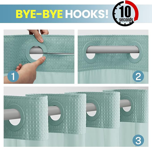SORTTO No Hook Shower Curtain with Snap in Liner Set Waffle Shower Curtain for Bathroom Hotel Style Fabric Waterproof Inner Liner,71" W x 74" H, Teal