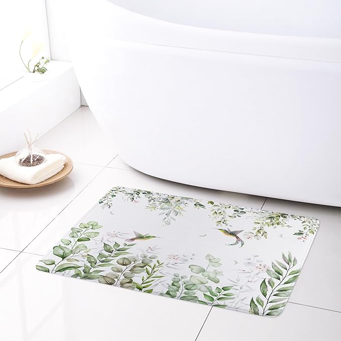 HVEST Sage Green Plant Shower Curtain and Bathroom Rugs, Eucalyptus Leaves with Floral and Hummingbird on White Shower Curtain with Bath Mat, 70X70 inches Green Botanical Shower Curtain Set