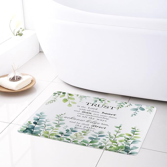 HVEST Green Eucalyptus Bathroom Sets with Shower Curtain and Rugs, Sage Green Leaf Plant and Bible Verse on White Shower Curtain Modern Polyester Fabric Bathroom Shower Curtain Sets,70L X 70W inches