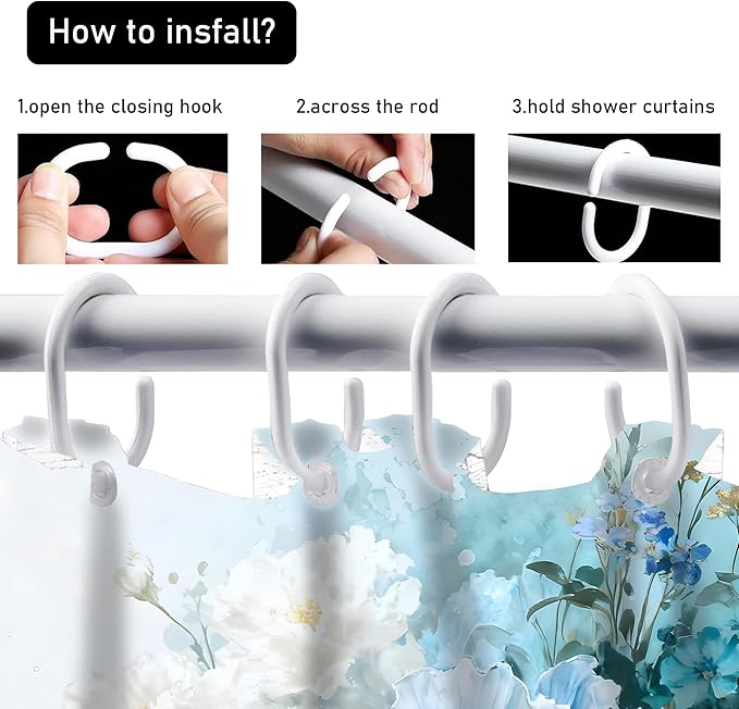 AZHM Watercolor Floral Shower Curtain Set 4PCS Blue and White Delicate Floral Farmhouse Bathroom Accessories Set, Includes Rugs and 12 Hooks