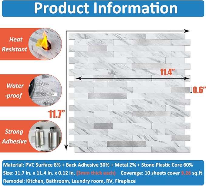 DICOFUN 10 Sheets Marble Look Peel and Stick Backsplash Wall Tile, PVC Kitchen Backsplash Peel and Stick in White, 9.4 sq.ft