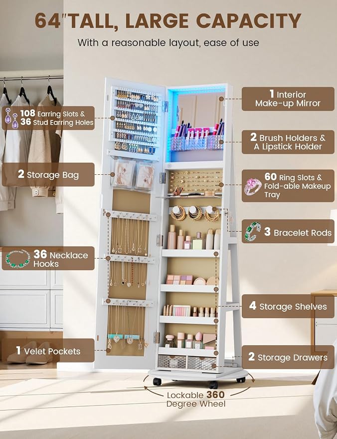 Full Length Jewelry Armoire with LED Mirror 360 Rotating White | Full length LED mirror, 3-color light, 360 rotating base, jewelry storage, makeup tray, shelves, drawers