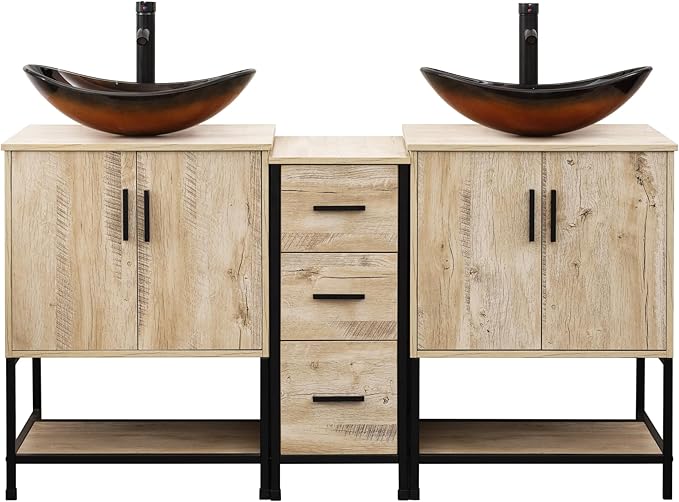 UEV Rustic Oak 60" Double Bathroom Vanity with Sink Combo,Industrial Iron Frame 2 Main Bathroom Vanity with Middle 3 Drawers Cabinet,Modern Brown Boat Tempered Glass Vessel Sink(029BR)