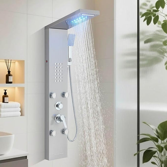 Fuz LED Shower Panel Tower System, 5 Function Stainless Steel Brushed Nickel Shower Tower with Rainfall Shower Head and Handheld, 4 Body Jets and Waterfall Tub Spout, High Pressure Shower Column