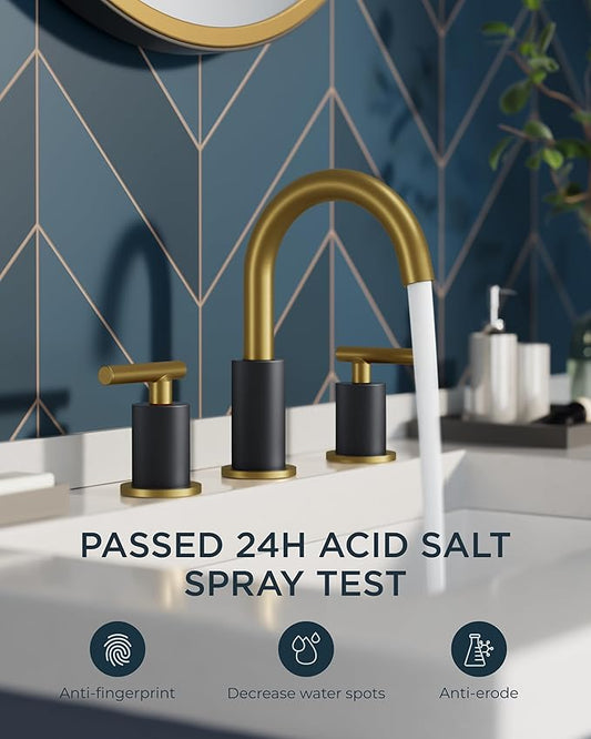 FORIOUS Black and Gold Bathroom Faucet Modern, 3 Hole Bathroom Faucet Black | Gold and Black Bathroom Faucet 3 Holes, 2 Handle Modern Bathroom Vanity Faucet Widespread 8 Inch with 360° Swivel Gooseneck