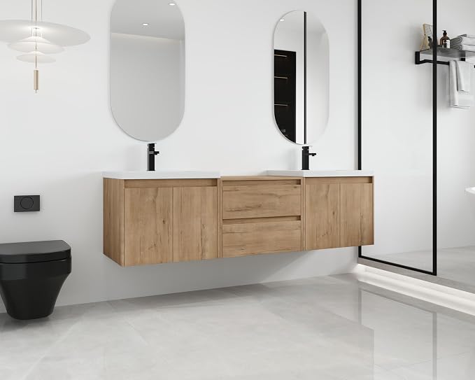 Malwee 72'' Floating Bathroom Vanity with Double Sink, Brown | Wall Mounted Double Sink Combo, Plywood Cabinet, Resin Basin, Ample Storage, Soft-close Hinge, Assembly Required