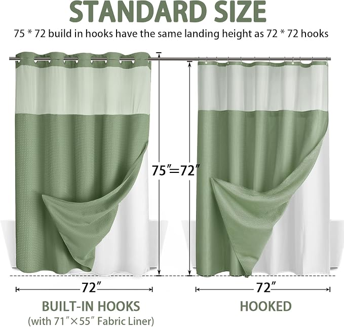 No Hook Shower Curtain with Liner Set Hotel Waffle Curtain Green 72W X 75L | Washable Snap in Fabric Liner, Mesh Top Window, Waffle Hotel Style Shower Curtain Set