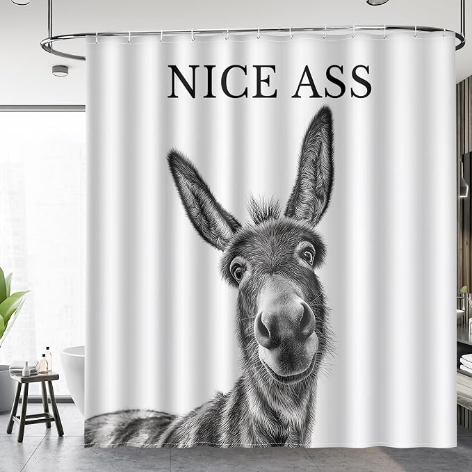 Funny Donkey Nice Ass Shower Curtain Gag Gift Farmhouse Decor Animal Black and White Novelty Sarcastic Rustic Bathroom Bath Decor Bathtub Curtain Fabric Shower Curtain Set with 12 Hooks, 72"x72"